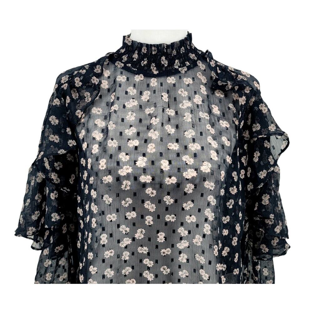 Anthropologie Black Sheer Floral Ruffle Blouse - Picture 3 of 8